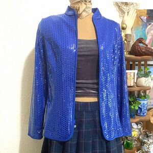 New aDressing Woman vintage Jacket Disco Party M Royal Blue Zip Up rhinestone
